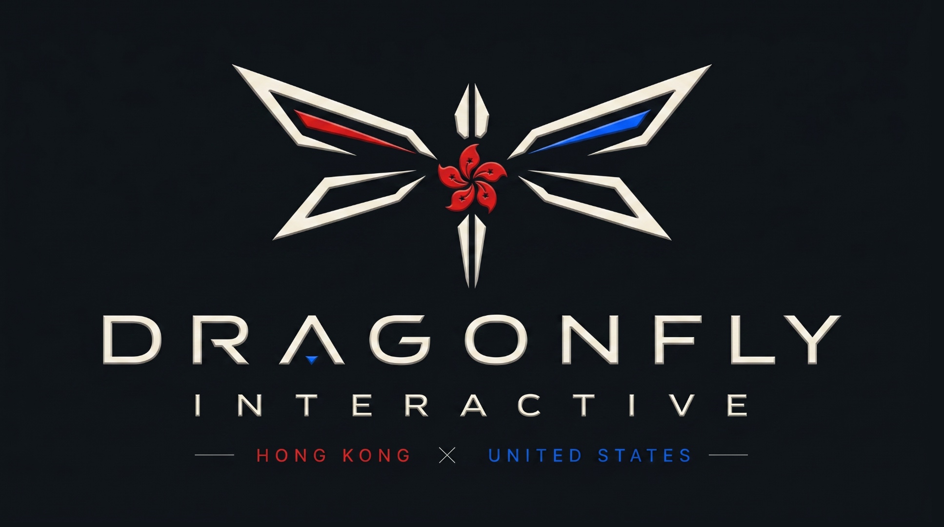 Dragonfly Interactive — a stylized dragonfly with the Hong Kong Bauhinia at its centre, red and blue wing accents for Hong Kong and the United States.